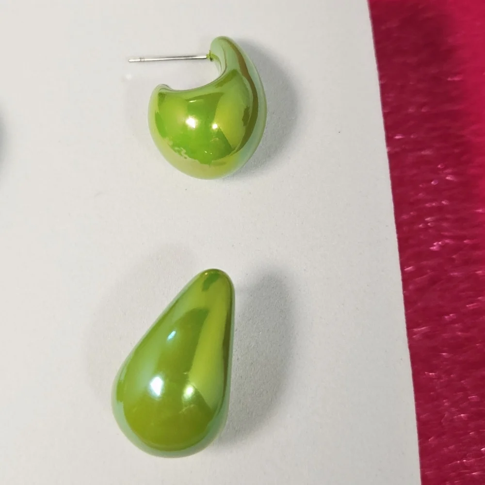 Iridescent Lime Green Blue Shimmer Teardrop Dome Earrings Y2K Mermaidcore Glossy